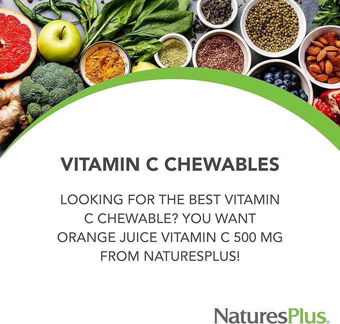Natures Plus Orange Juice Chewable Vitamin C - 500 mg, 90 Tablets - High Potency Immune & Vascular Health Support Supplement, Antioxidant - Gentle On Stomach - Vegetarian, Gluten-Free - 90 Servings
