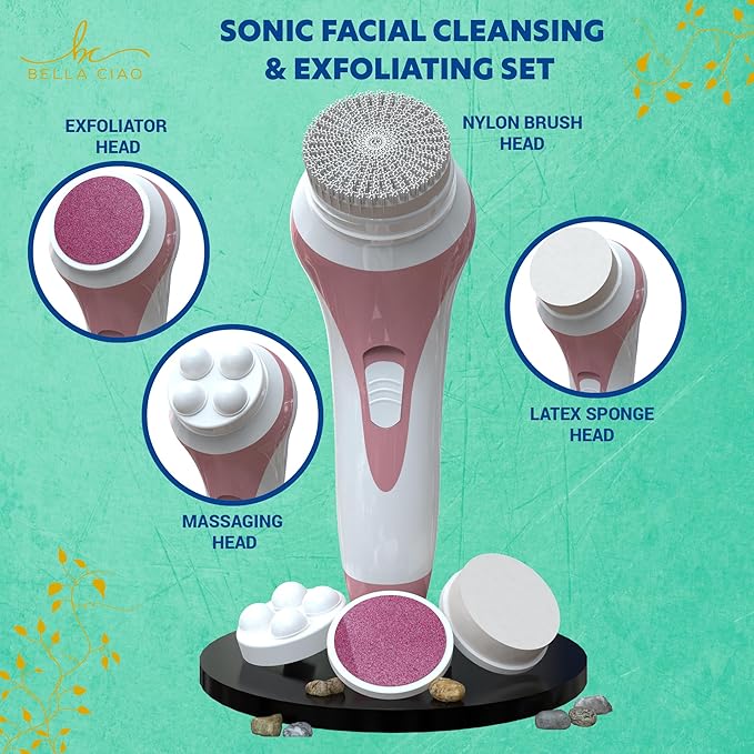 Bella Ciao 5-Piece Sonic Facial Cleansing Brush Set, Pink | Battery Operated Face Scrubber Exfoliator, Makeup Remover Skin Care Tools w/ 4 Attachments| Face Cleansing Brush, Skin Exfoliator for Body