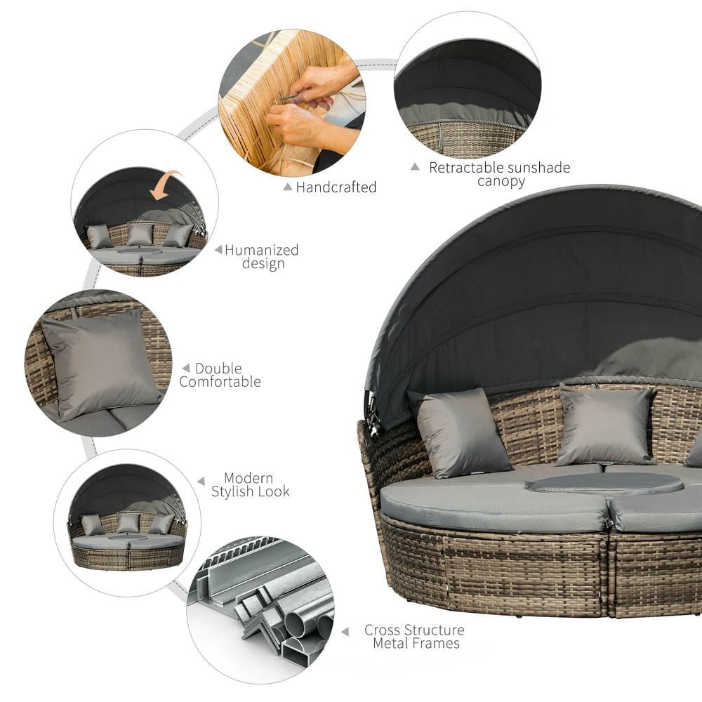 Barara King Patio Sofa Bed Set,Daybed Set,4-Piece Round Convertible Daybed, Outdoor PE Rattan Patio Wicker Sofa Set with 2 Chairs, Table, 3 Pillows, Gray