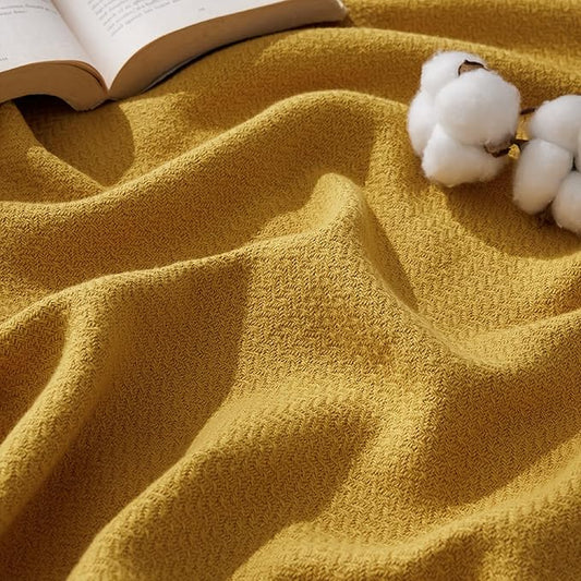 Bedsure 100% Cotton Blanket King Size for Bed - Breathable and Lightweight, Soft Cozy Textured Herringbone Woven Blanket for Summer Spring, Yellow, 108x90 inches