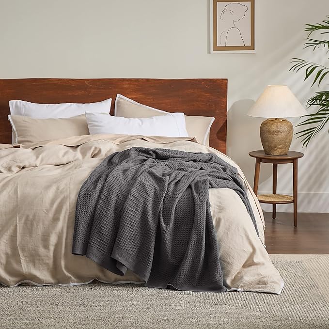 Bedsure 100% Cotton Large Throw Blanket for Couch 50x70 inches - Breathable and Soft, Waffle Weave Throw Blanket for Office, Dark Grey