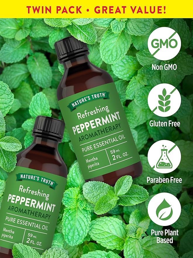 Nature's Truth Peppermint Essential Oil | Diffuser, Shower, or Bath | 2 Pack of 2 Fluid Ounces (59 mL) | Mentha Piperita