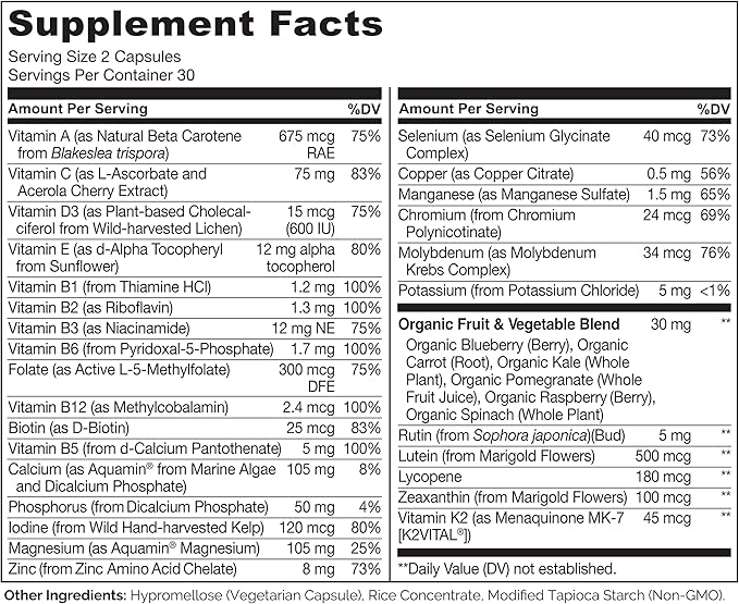 NATURELO Teen Multivitamin - Whole Food Multivitamin for Teenage Boys - Minerals Supplement for Active Kids - with Plant Extracts - Non-GMO - Vegan & Vegetarian - 60 Capsules