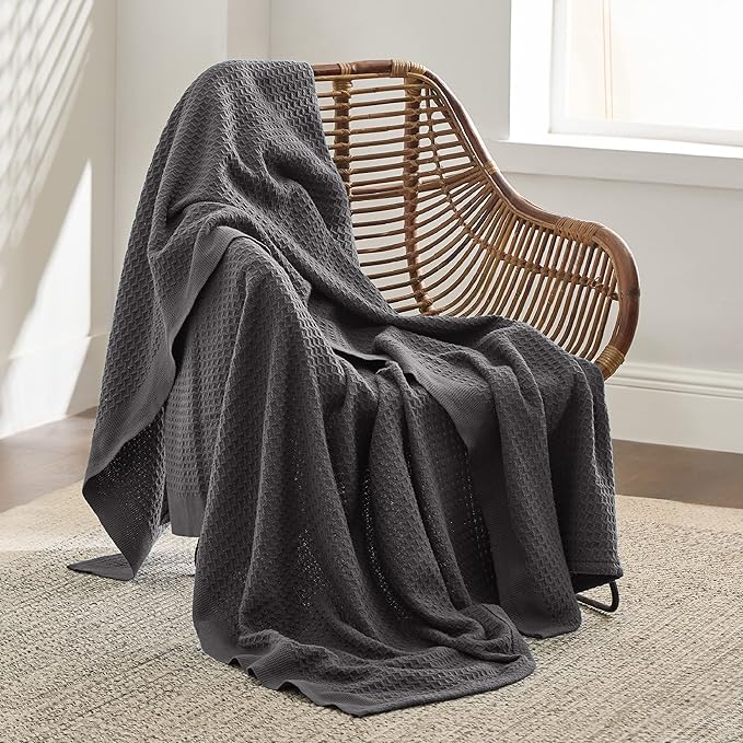 Bedsure 100% Cotton Large Throw Blanket for Couch 50x70 inches - Breathable and Soft, Waffle Weave Throw Blanket for Office, Dark Grey