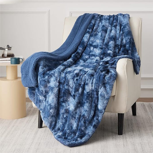 Bedsure Sherpa Blanket Twin Size - Soft, Fuzzy & Fluffy Faux Fur - Warm, Cozy Blanket for Couch, Sofa and Bed, Tie Dye Design, Indigo, 60x80 Inches