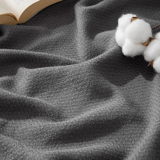 Bedsure 100% Cotton Blanket Twin XL Size for Bed - Breathable and Lightweight, Soft Cozy Textured Herringbone Woven Blanket for Summer Spring, Dark Grey, 66x90 inches