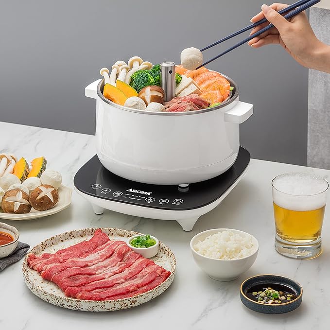 Aroma Housewares 2.5-Liter Smart Electric Hot Pot & Rapid Boil Steamer with Automatic Stainless Steel Steamer Basket Lift, White, ASP-700