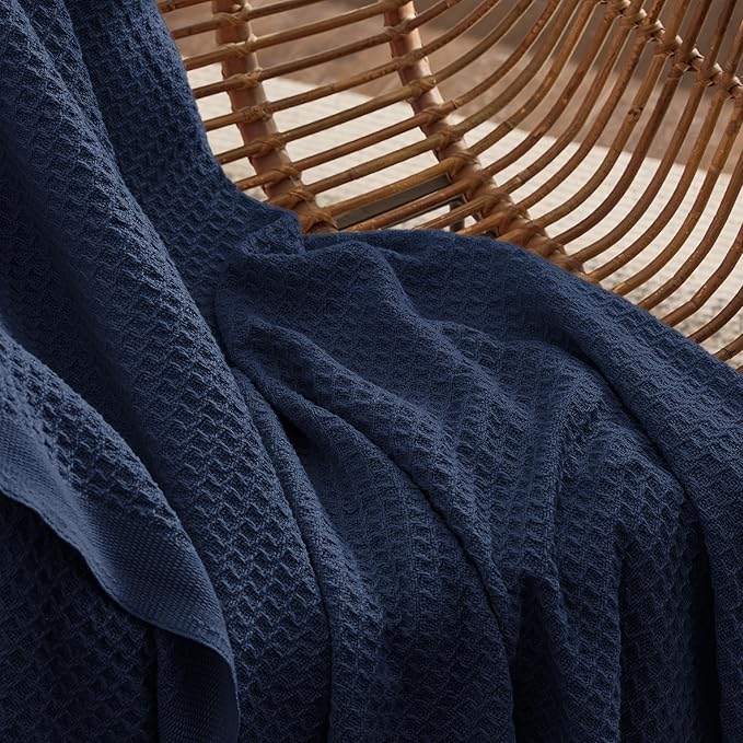 Bedsure 100% Cotton Blanket Queen Size for Bed - Breathable and Soft, Waffle Weave Blanket for Summer Spring, Pageant Blue, 90x90 Inches