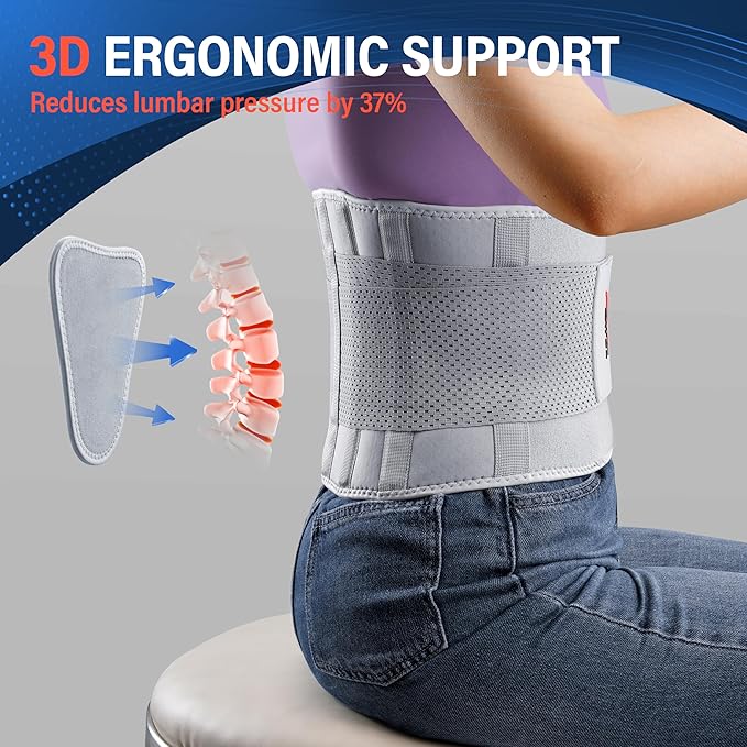 FEATOL Back Brace for Lower Back Pain Women, Breathable Back Support Belt for Women & Men with Lumbar Pad, Lumbar Support Belt for Heavy Lifting & Work, Scoliosis, Grey, 3XL (Circumference:54-63")