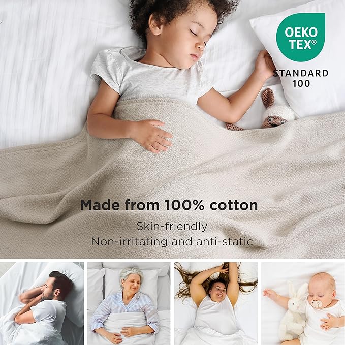 Bedsure 100% Cotton Large Throw Blanket for Couch 50x70 inches - Breathable and Lightweight, Soft Cozy Herringbone Woven Blanket for Summer Spring, Linen Beige