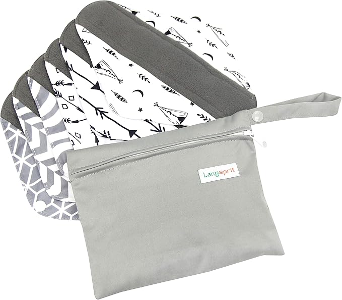 7pcs Set 1 pc Mini Wet Bag +6pcs Absorbent Reusable Sanitary Pads/Washable Cloth Menstrual Pads (L,Grey)