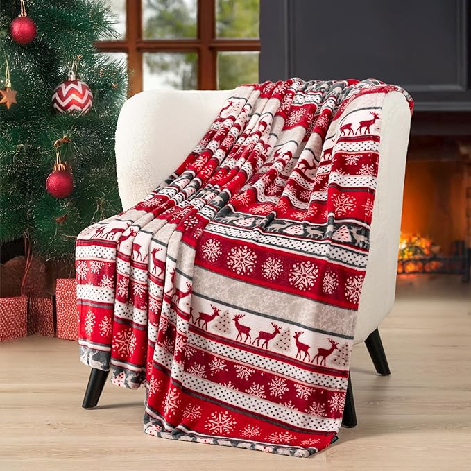 Pavilia Christmas Reindeer Snowflakes Fleece Throw Blanket | Soft, Plush, Warm Winter Cabin Throw, Twin 60x80 (Christmas Red)
