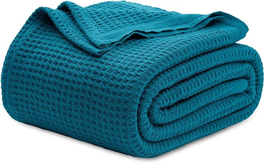 Bedsure 100% Cotton Blanket King Size for Bed - Breathable and Soft, Waffle Weave Blanket for Summer Spring, Teal, 104x90 inches