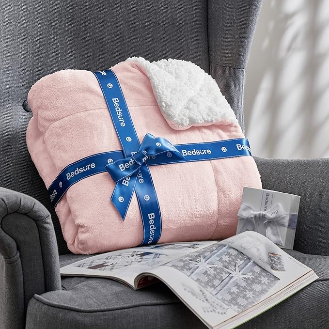 Bedsure Sherpa Fleece Throw Blanket Twin Size for Couch - Thick and Warm, Soft Fuzzy Plush Twin Blanket for Winter, Pink, 60x80 Inches