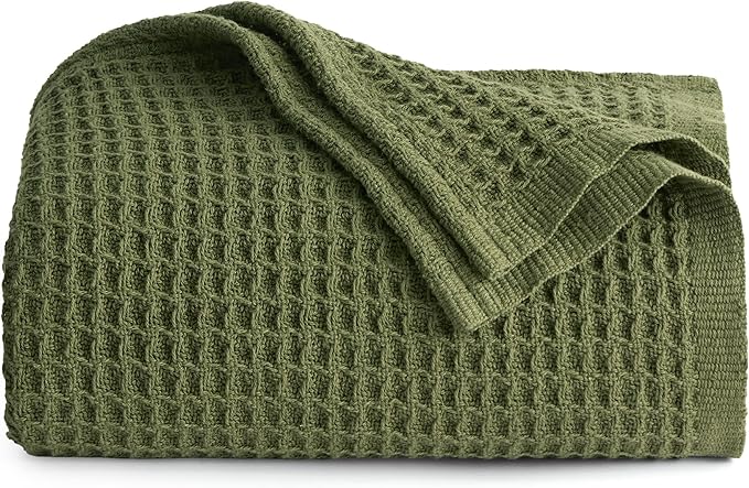 Bedsure 100% Cotton Blanket Twin XL Size for Bed - Breathable and Soft, Waffle Weave Blanket for Summer Spring, Olive Green, 66x90 inches