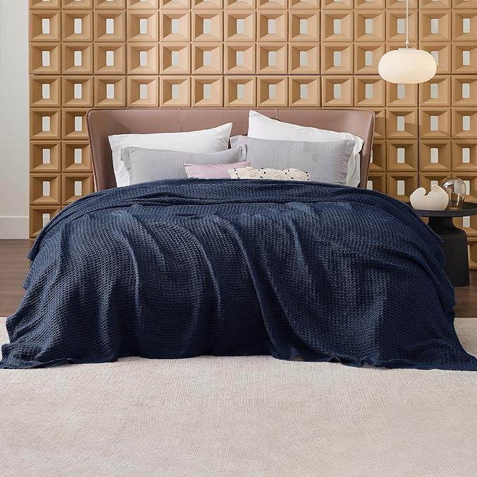 Bedsure 100% Cotton Blanket Queen Size for Bed - Breathable and Soft, Waffle Weave Blanket for Summer Spring, Pageant Blue, 90x90 Inches