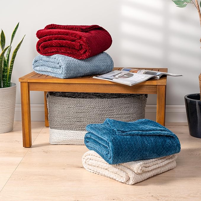 PAVILIA Soft Fleece Dusty Blue Throw Blanket for Couch, Lightweight Plush Warm Blankets for Bed, Fuzzy Cozy Flannel Blanket Throw for Sofa, Travel, Jacquard Pattern, Dusty Blue, Twin, 60x80 inch