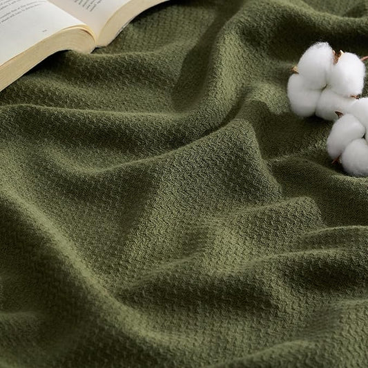 Bedsure 100% Cotton Blanket King Size for Bed - Breathable and Lightweight, Soft Cozy Textured Herringbone Woven Blanket for Summer Spring, Olive Green, 108x90 inches