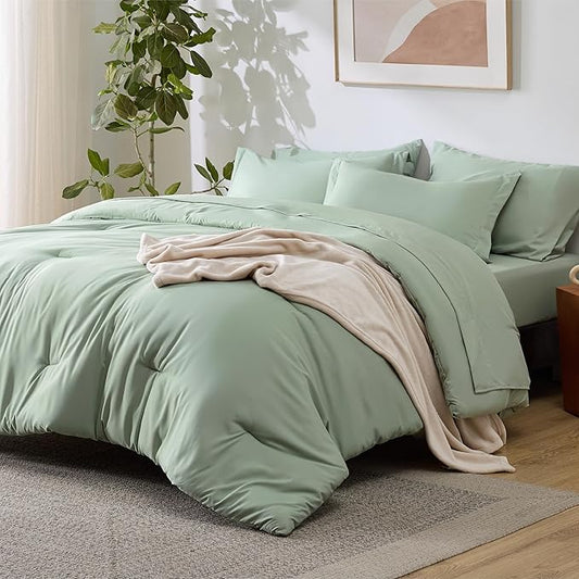 Bedsure Full Comforter Set Sage Green, 8 Pieces Prewashed Full Size Bed in a Bag with Soft Fleece Bed Blanket, Down Alternative Bedding Set for All Seasons, Sheets, Pillowcases & Shams