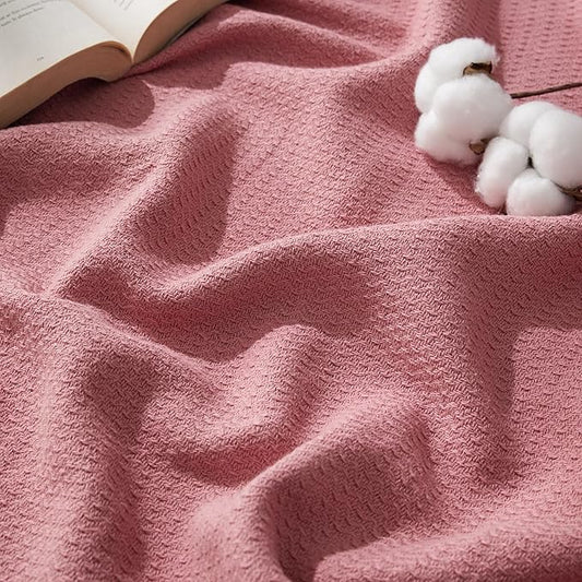 Bedsure 100% Cotton Blanket Twin XL Size for Bed - Breathable and Lightweight, Soft Cozy Textured Herringbone Woven Blanket for Summer Spring, Pink, 66x90 inches