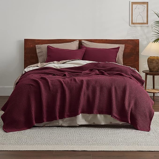 Bedsure 100% Cotton Blanket Queen Size for Bed - Breathable and Soft, Waffle Weave Blanket for Summer Spring, Burgundy Red, 90x90 Inches