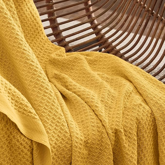 Bedsure 100% Cotton Blanket Queen Size for Bed - Breathable and Soft, Waffle Weave Blanket for Summer Spring, Mustard Yellow, 90x90 Inches