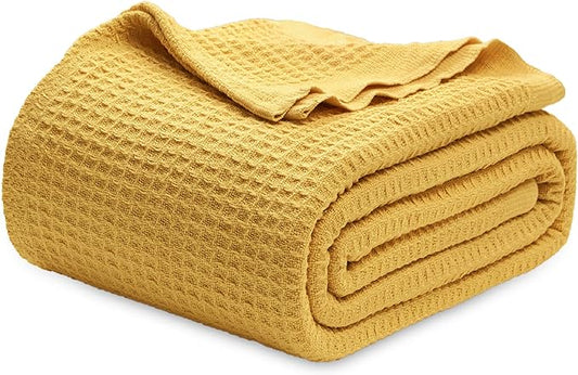 Bedsure 100% Cotton Blanket Queen Size for Bed - Breathable and Soft, Waffle Weave Blanket for Summer Spring, Mustard Yellow, 90x90 Inches