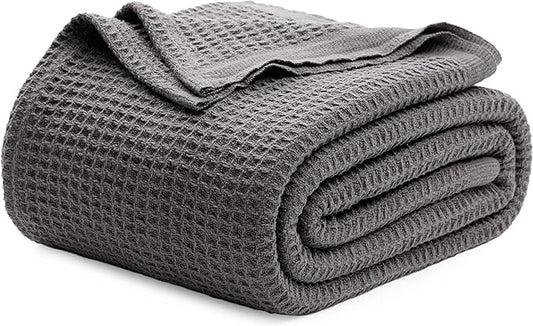 Bedsure 100% Cotton Blanket King Size for Bed - Breathable and Soft, Waffle Weave Blanket for Summer Spring, Dark Grey, 104x90 inches