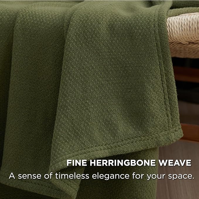Bedsure 100% Cotton Large Blanket Oversized King for Bed 120x94 inches - Breathable Soft Cozy Herringbone Woven Blanket for Summer Spring, Couch Cover, Olive Green