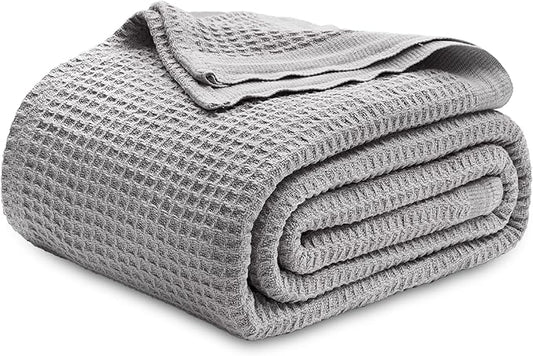 Bedsure 100% Cotton Blanket King Size for Bed - Breathable and Soft, Waffle Weave Blanket for Summer Spring, Grey, 104x90 inches