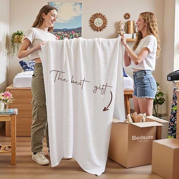 Bedsure 100% Cotton Blanket Twin XL Size for Bed - Breathable and Soft, Waffle Weave Blanket for Summer Spring, White, 66x90 inches