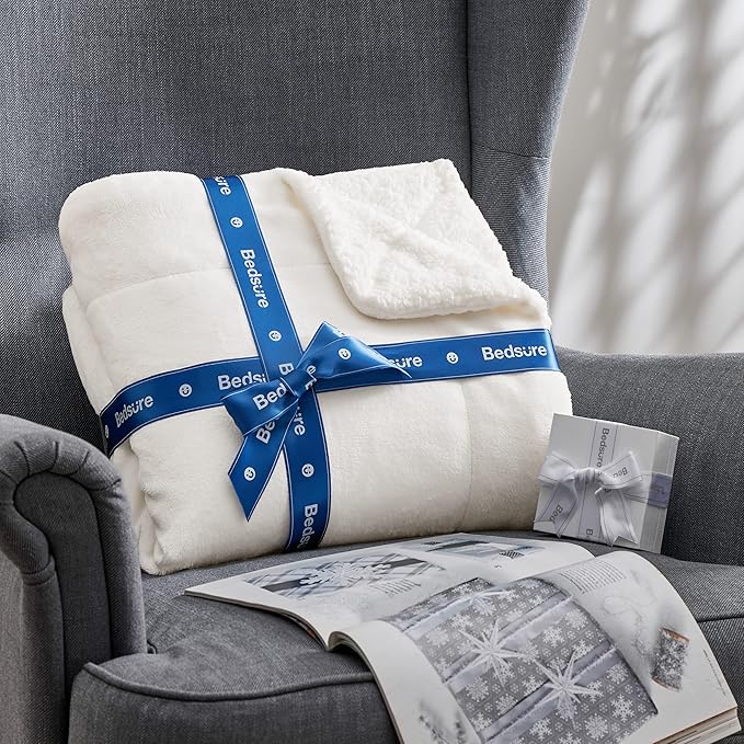 Bedsure Sherpa Fleece Blankets King Size for Bed - Thick and Warm, Soft Fuzzy Plush King Blanket for Winter, White, 108x90 Inches