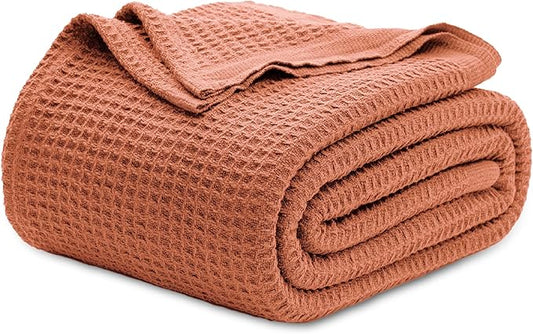 Bedsure 100% Cotton Blanket King Size for Bed - Breathable and Soft, Waffle Weave Blanket for Summer Spring, Red Orange, 104x90 inches
