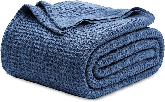 Bedsure 100% Cotton Blanket King Size for Bed - Breathable and Soft, Waffle Weave Blanket for Summer Spring, Navy, 104x90 inches