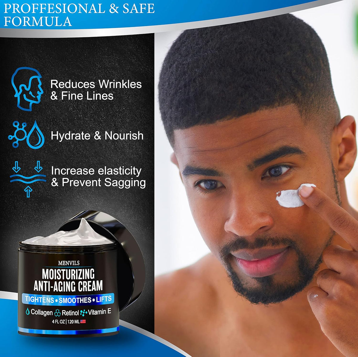 (2 Pack) Mens Face Moisturizer Cream - Anti Aging & Wrinkle for Men with Collagen, Retinol, Vitamins E, Jojoba Oil - Face Lotion - Age Facial Skin Care - Eye Wrinkle - 8 oz Total