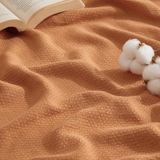 Bedsure 100% Cotton Blanket King Size for Bed - Breathable and Lightweight, Soft Cozy Textured Herringbone Woven Blanket for Summer Spring, Burnt Orange, 108x90 inches