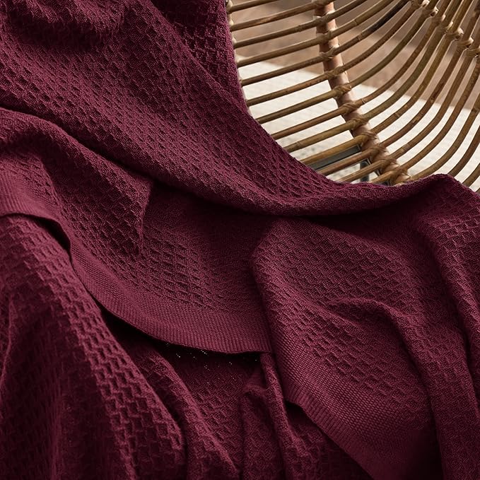 Bedsure 100% Cotton Blanket Queen Size for Bed - Breathable and Soft, Waffle Weave Blanket for Summer Spring, Burgundy Red, 90x90 Inches