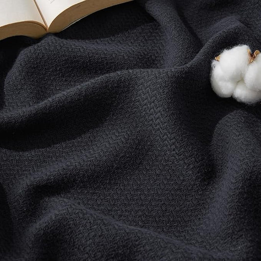 Bedsure 100% Cotton Blanket King Size for Bed - Breathable and Lightweight, Soft Cozy Textured Herringbone Woven Blanket for Summer Spring, Black, 108x90 inches