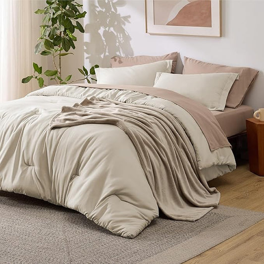 Bedsure Full Comforter Set Beige, 8 Pieces Prewashed Full Size Bed in a Bag with Soft Fleece Bed Blanket, Down Alternative Bedding Set for All Seasons, Sheets, Pillowcases & Shams