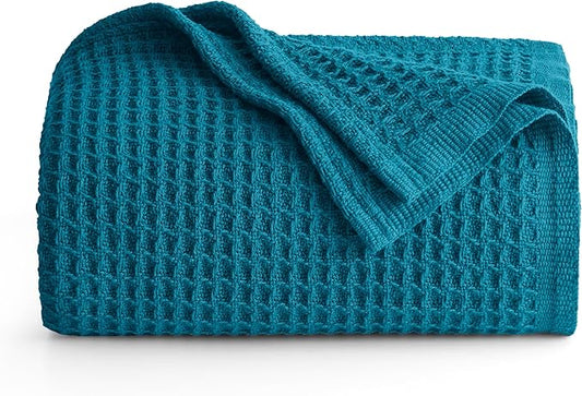 Bedsure 100% Cotton Blanket Twin XL Size for Bed - Breathable and Soft, Waffle Weave Blanket for Summer Spring, Teal, 66x90 inches