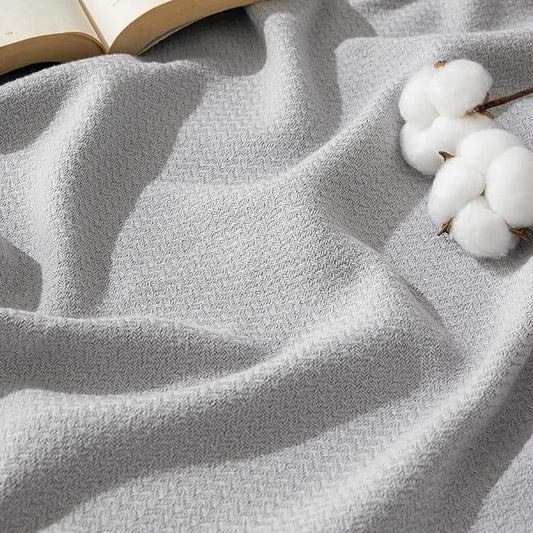 Bedsure 100% Cotton Blanket Queen Size for Bed - Breathable and Lightweight, Soft Cozy Textured Herringbone Woven Blanket for Summer Spring, Grey, 90x90 inches