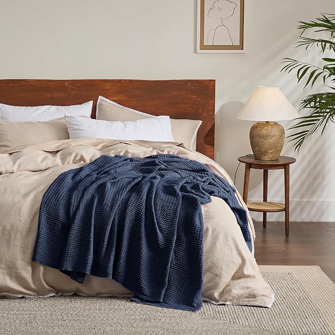 Bedsure 100% Cotton Blanket Queen Size for Bed - Breathable and Soft, Waffle Weave Blanket for Summer Spring, Pageant Blue, 90x90 Inches