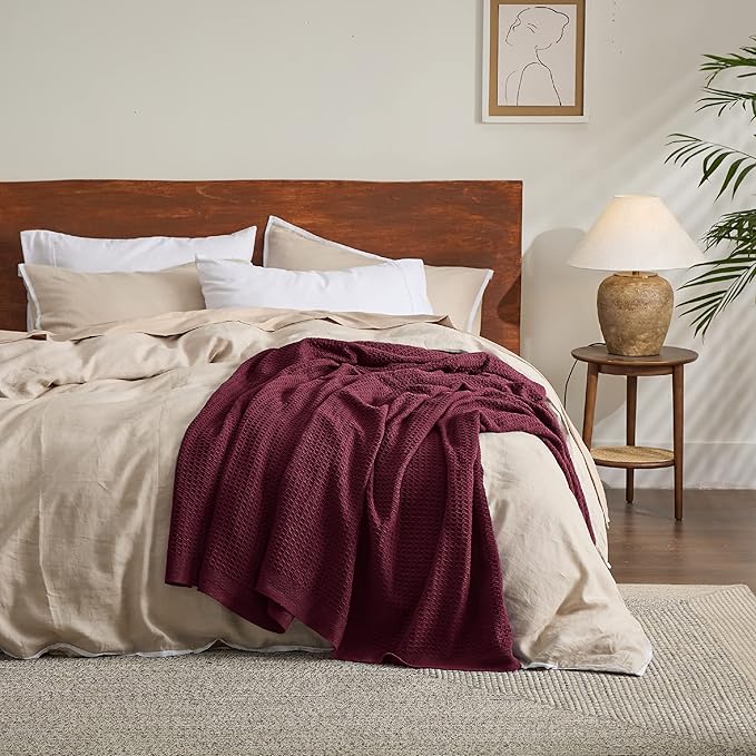 Bedsure 100% Cotton Blanket Queen Size for Bed - Breathable and Soft, Waffle Weave Blanket for Summer Spring, Burgundy Red, 90x90 Inches