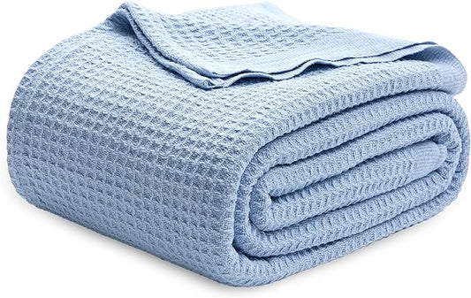Bedsure 100% Cotton Blanket King Size for Bed - Breathable and Soft, Waffle Weave Blanket for Summer Spring, Sky Blue, 104x90 inches