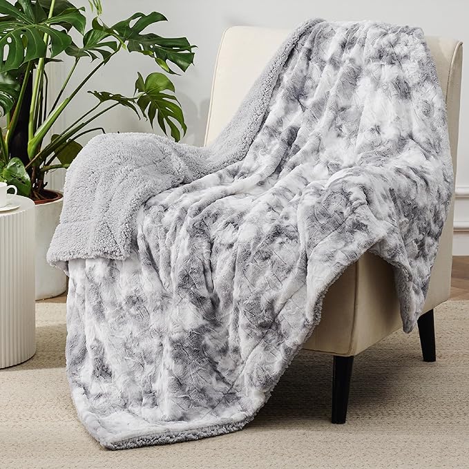 Bedsure Sherpa Blanket Twin Size - Soft, Fuzzy & Fluffy Faux Fur - Warm, Cozy Blanket for Couch, Sofa and Bed, Tie Dye Design, Light Grey, 60x80 Inches