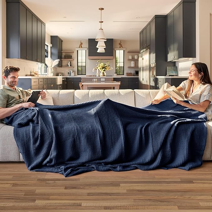 Bedsure 100% Cotton Blanket Queen Size for Bed - Breathable and Soft, Waffle Weave Blanket for Summer Spring, Pageant Blue, 90x90 Inches