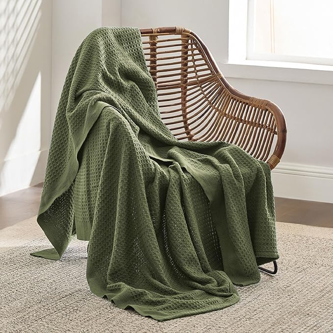 Bedsure 100% Cotton Blanket Twin XL Size for Bed - Breathable and Soft, Waffle Weave Blanket for Summer Spring, Olive Green, 66x90 inches