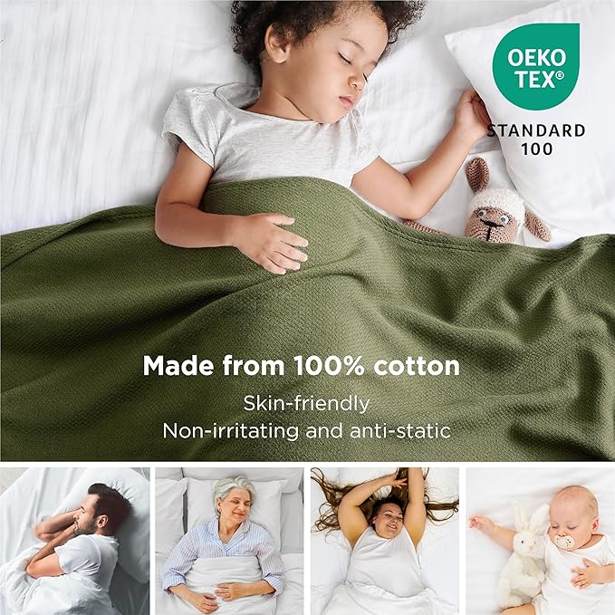 Bedsure 100% Cotton Large Blanket Oversized King for Bed 120x94 inches - Breathable Soft Cozy Herringbone Woven Blanket for Summer Spring, Couch Cover, Olive Green