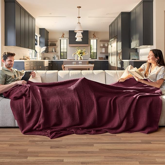 Bedsure 100% Cotton Blanket Queen Size for Bed - Breathable and Soft, Waffle Weave Blanket for Summer Spring, Burgundy Red, 90x90 Inches