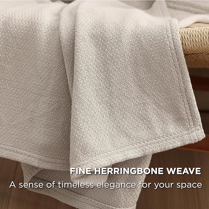Bedsure 100% Cotton Large Throw Blanket for Couch 50x70 inches - Breathable and Lightweight, Soft Cozy Herringbone Woven Blanket for Summer Spring, Linen Beige